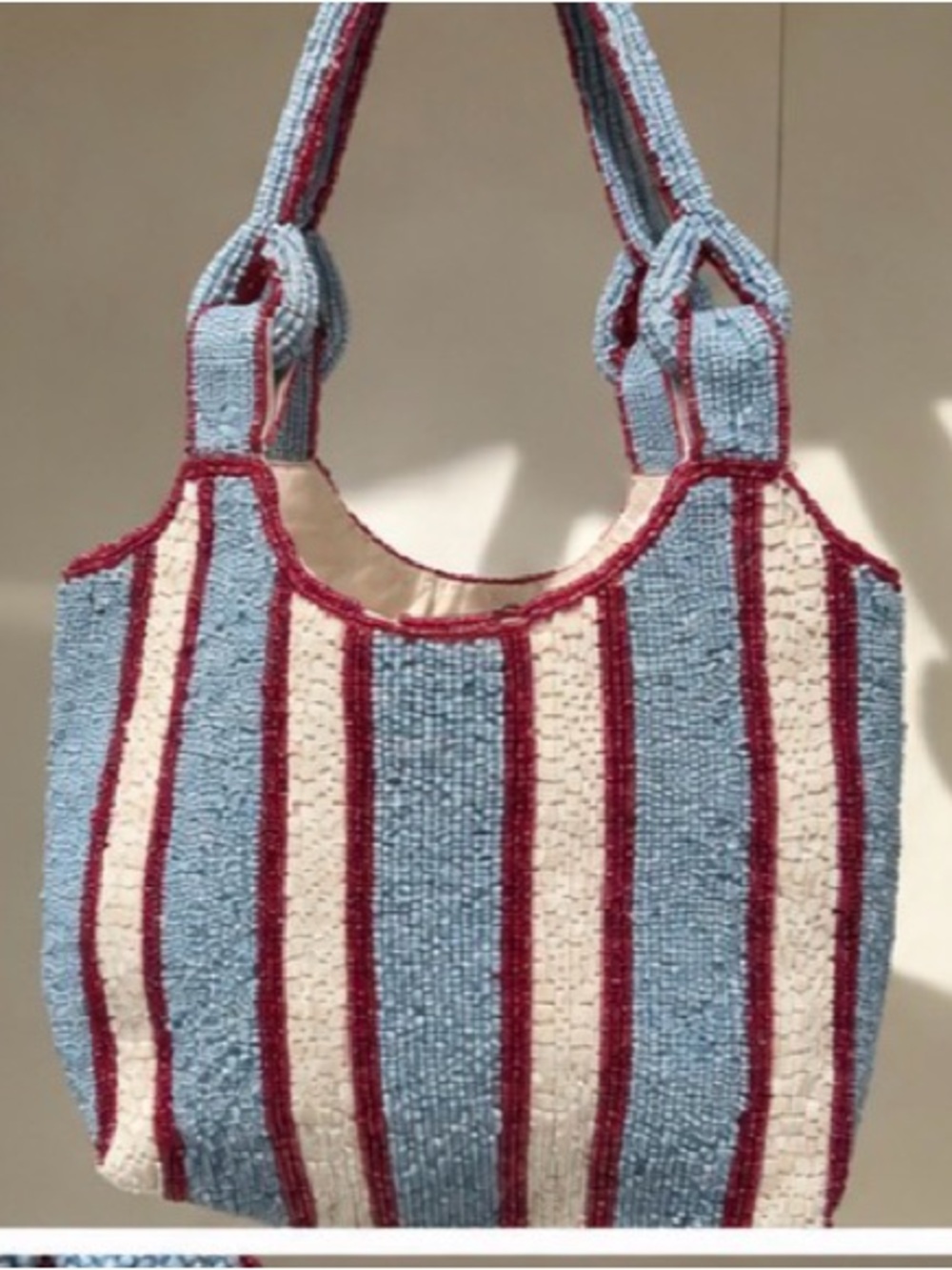 Handcrafted in India Beaded Tote Bag – Blue, White & Burgundy Stripe